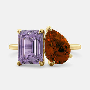 Toi et Moi ring with an emerald-cut Amethyst and a pear-cut Garnet.