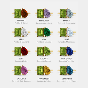 Toi et Moi ring with an emerald-cut Green Peridot and a pear-cut Ruby.