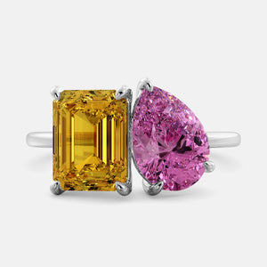 Toi et Moi ring with an emerald-cut Citrine and a pear-cut Pink Sapphire.