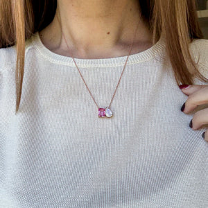 Toi et Moi necklace with an emerald-cut Pink Sapphire and a pear-cut gemstone.