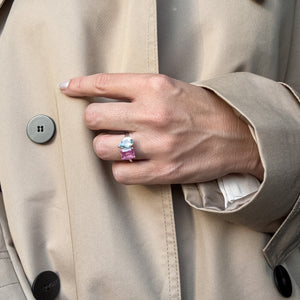 Toi et Moi ring with an emerald-cut Pink Sapphire and a pear-cut Aquamarine.