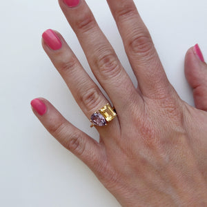 Toi et Moi ring with an emerald-cut Citrine and a pear-cut Amethyst.
