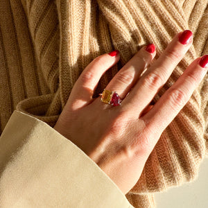 Toi et Moi ring with an emerald-cut Citrine and a pear-cut Ruby.