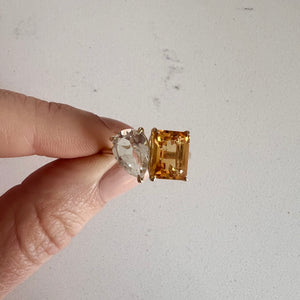 Toi et Moi ring with an emerald-cut Citrine and a pear-cut Moonstone.