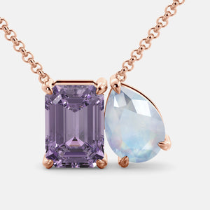 Toi et Moi necklace with an emerald-cut Amethyst and a pear-cut gemstone.
