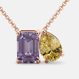 Toi et Moi necklace with an emerald-cut Amethyst and a pear-cut gemstone.
