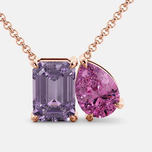 Toi et Moi necklace with an emerald-cut Amethyst and a pear-cut gemstone.