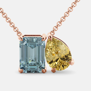 Toi et Moi necklace with an emerald-cut Aquamarine and a pear-cut gemstone.