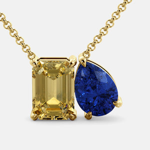 Toi et Moi necklace with an emerald-cut Citrine and a pear-cut gemstone.