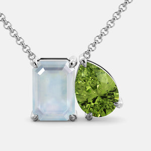 Toi et Moi necklace with an emerald-cut Moonstone and a pear-cut gemstone.