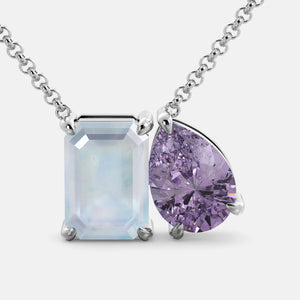 Toi et Moi necklace with an emerald-cut Moonstone and a pear-cut gemstone.