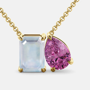Toi et Moi necklace with an emerald-cut Moonstone and a pear-cut gemstone.