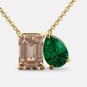 Toi et Moi necklace with an emerald-cut Morganite and a pear-cut gemstone.