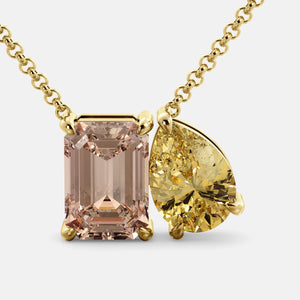 Toi et Moi necklace with an emerald-cut Morganite and a pear-cut gemstone.