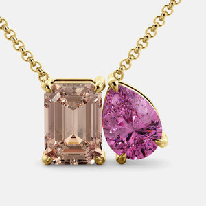 Toi et Moi necklace with an emerald-cut Morganite and a pear-cut gemstone.