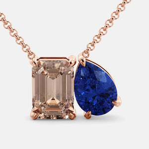 Toi et Moi necklace with an emerald-cut Morganite and a pear-cut gemstone.