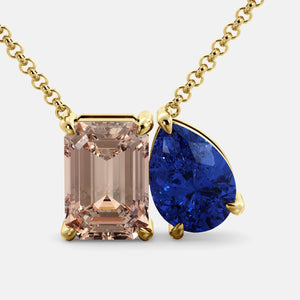 Toi et Moi necklace with an emerald-cut Morganite and a pear-cut gemstone.