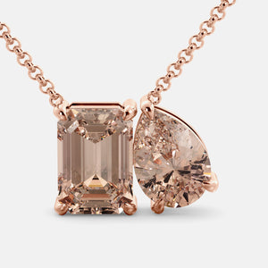 Toi et Moi necklace with an emerald-cut Morganite and a pear-cut gemstone.