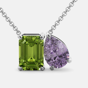 Toi et Moi necklace with an emerald-cut Green Peridot and a pear-cut gemstone.