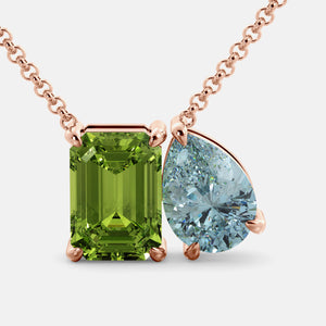 Toi et Moi necklace with an emerald-cut Green Peridot and a pear-cut gemstone.