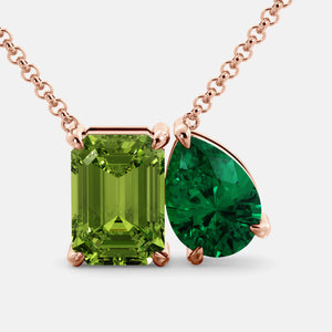 Toi et Moi necklace with an emerald-cut Green Peridot and a pear-cut gemstone.