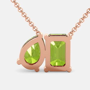 Toi et Moi necklace with an emerald-cut Green Peridot and a pear-cut gemstone.
