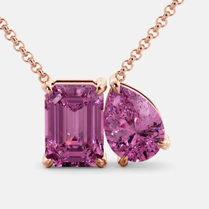 Toi et Moi necklace with an emerald-cut Pink Sapphire and a pear-cut gemstone.
