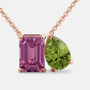 Toi et Moi necklace with an emerald-cut Pink Sapphire and a pear-cut gemstone.