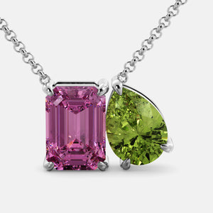 Toi et Moi necklace with an emerald-cut Pink Sapphire and a pear-cut gemstone.