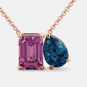 Toi et Moi necklace with an emerald-cut Pink Sapphire and a pear-cut gemstone.