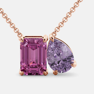 Toi et Moi necklace with an emerald-cut Pink Sapphire and a pear-cut gemstone.