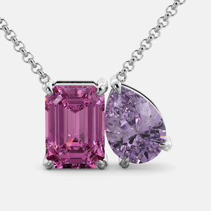 Toi et Moi necklace with an emerald-cut Pink Sapphire and a pear-cut gemstone.