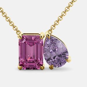 Toi et Moi necklace with an emerald-cut Pink Sapphire and a pear-cut gemstone.