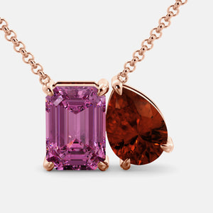 Toi et Moi necklace with an emerald-cut Pink Sapphire and a pear-cut gemstone.