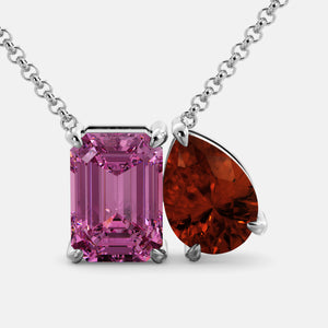 Toi et Moi necklace with an emerald-cut Pink Sapphire and a pear-cut gemstone.