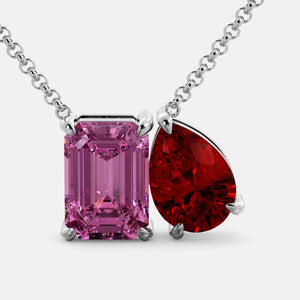 Toi et Moi necklace with an emerald-cut Pink Sapphire and a pear-cut gemstone.