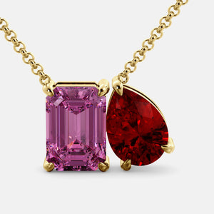 Toi et Moi necklace with an emerald-cut Pink Sapphire and a pear-cut gemstone.