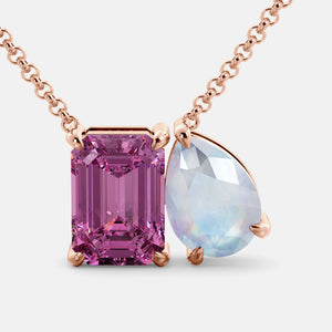 Toi et Moi necklace with an emerald-cut Pink Sapphire and a pear-cut gemstone.