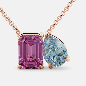 Toi et Moi necklace with an emerald-cut Pink Sapphire and a pear-cut gemstone.