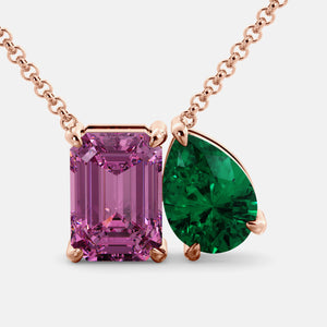 Toi et Moi necklace with an emerald-cut Pink Sapphire and a pear-cut gemstone.