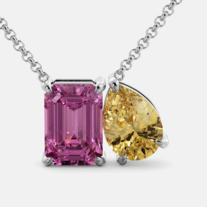 Toi et Moi necklace with an emerald-cut Pink Sapphire and a pear-cut gemstone.