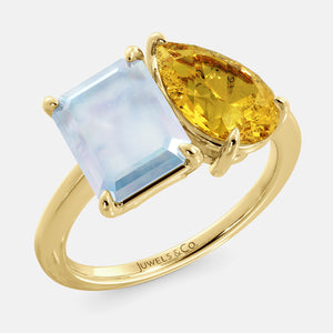 Toi et Moi ring with an emerald-cut Moonstone and a pear-cut Citrine.