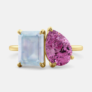 Toi et Moi ring with an emerald-cut Moonstone and a pear-cut Pink Sapphire.