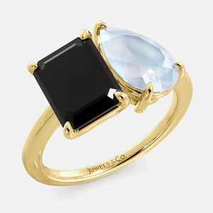 Toi et Moi ring with an emerald-cut Onyx and a pear-cut Moonstone.
