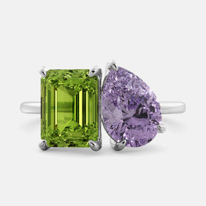 Toi et Moi ring with an emerald-cut Green Peridot and a pear-cut Amethyst.