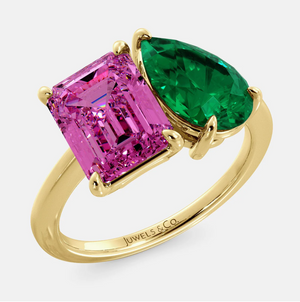 Toi et Moi ring with an emerald-cut Pink Sapphire and a pear-cut Emerald.