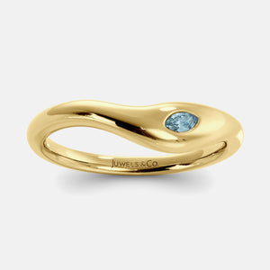 Deep Sea Wave Ring in 14K yellow gold with marquise aquamarine