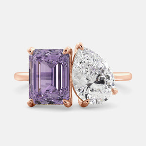Toi et Moi ring with an emerald-cut Amethyst and a pear-cut Diamond.