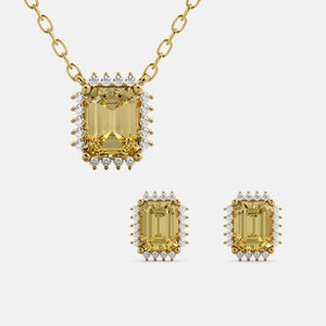Halo Emerald-Cut Necklace & Stud Earrings Set
