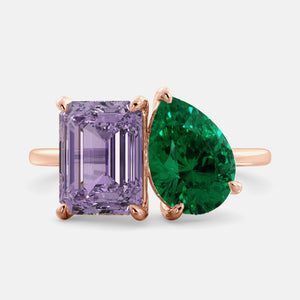 Toi et Moi ring with an emerald-cut Amethyst and a pear-cut Emerald.